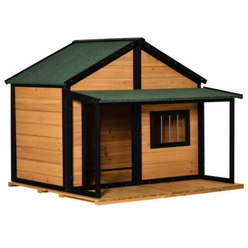 Outdoor Wooden Raised Cabin Dog House w/ Porch, Medium/Large, 53 Lbs., Yellow 196393161319