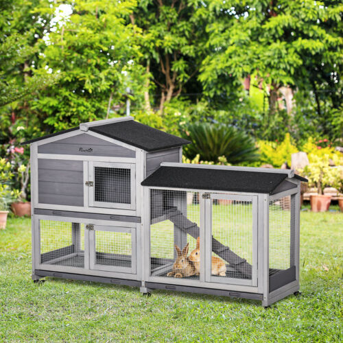 62&quot; Wooden Mobile Rabbit Hutch with Wheels Run Box Slide Tray Ramp, Light Grey 196393161449