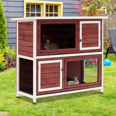 Pawhut 48&quot; 2 Story Elevated Wooden Rabbit Hutch Yard Bunny Cage w/ Tray &amp; Ramp