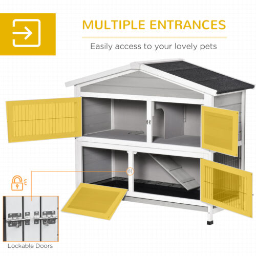 48&quot; 2-Level Rabbit Hutch Wooden Bunny House, Multidoor Habitat Cage w/ Ramp Tray 842525158572