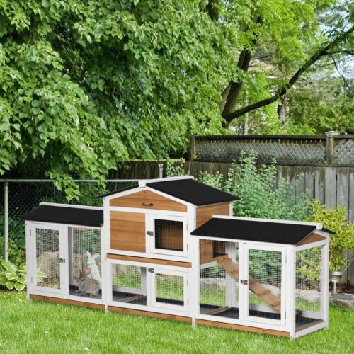 90.5&quot; Wooden Rabbit Hutch w/ Double Side Run Boxes Pull-out Tray Ramp 196393071090