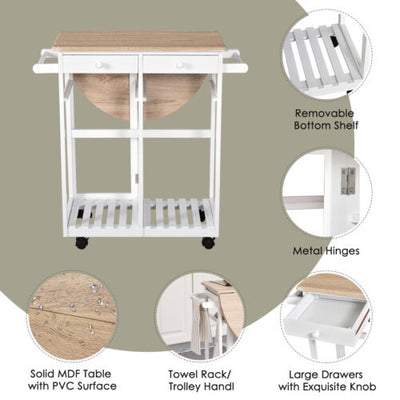 HOMCOM 3PCS Kitchen Trolley Island Set with Wheels 2 Barstool Chairs Drop Leaf