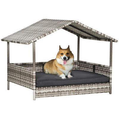 Elevated Wicker Dog House, Raised Rattan Pet Bed Cabana w/ Cushion, Canopy, Grey 196393070789