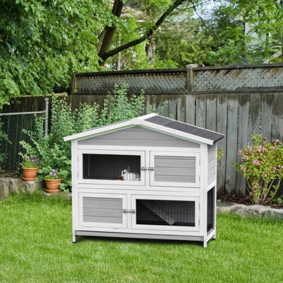 48&quot; 2-Level Rabbit Hutch Wooden Bunny House, Multidoor Habitat Cage w/ Ramp Tray 842525158572