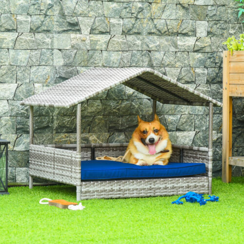 Elevated Wicker Dog House, Raised Rattan Pet Bed Cabana w/ Cushion, Canopy, Blue 196393070796