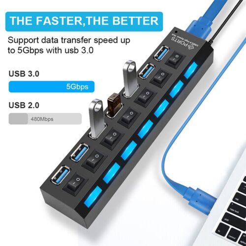 USB 3.0 Hub 7 Port Distributor with Independent Led on/Off Switch For Computer