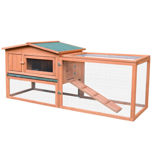 Pawhut Wooden Rabbit Hutch Bunny House Small Animal Habitat w/ Backyard Run Ramp