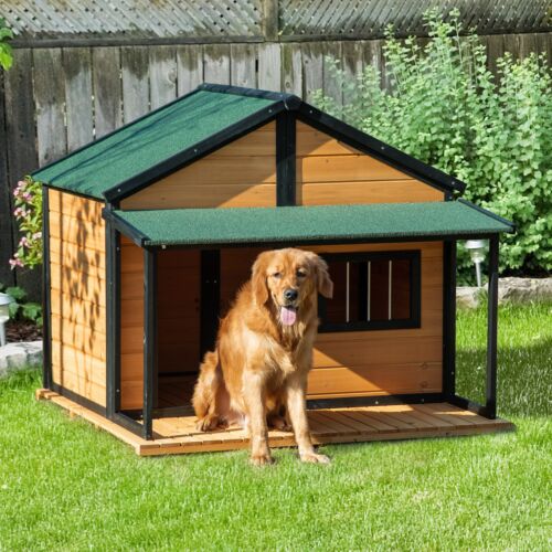 Outdoor Wooden Raised Cabin Dog House w/ Porch, Medium/Large, 53 Lbs., Yellow 196393161319