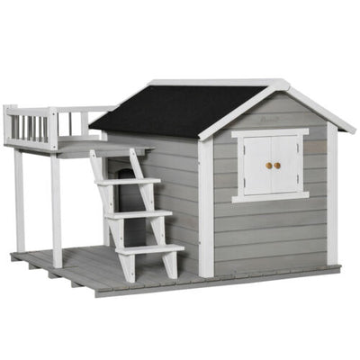 2-Story Wooden Outdoor Dog House Shelter w/ Stairs &amp; Balcony Medium, Large Dogs 196393159132