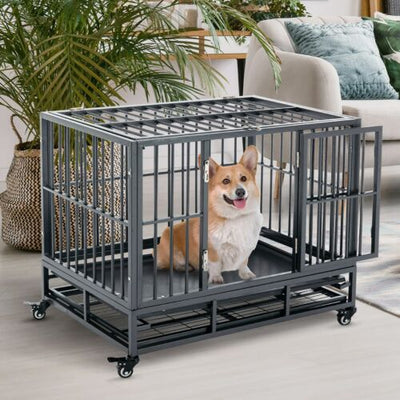 36&quot; Steel Indoor Dog Crate Pet Kennel w/Wheels &amp; Locks, Medium/Small Dogs, Grey 196393159125