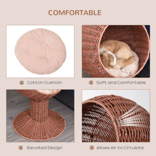 27&quot; Rattan Wicker Elevated Pet Bed Cat Cave Condo Hooded Cushion Scratch House