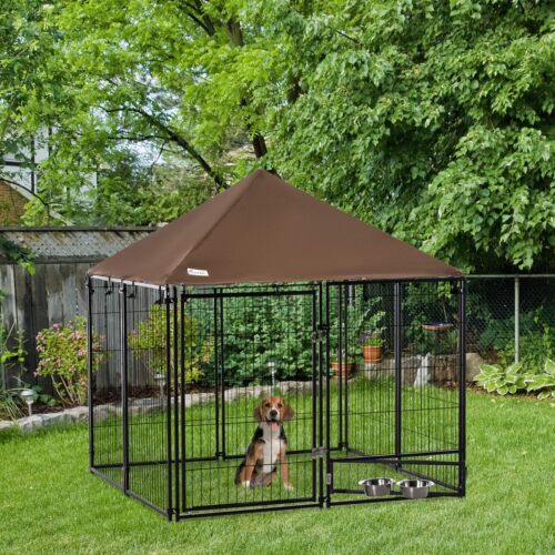 Outdoor Dog House Kennel with Canopy Top &amp; Secure Lock Rotating Bowl Holder 196393260210