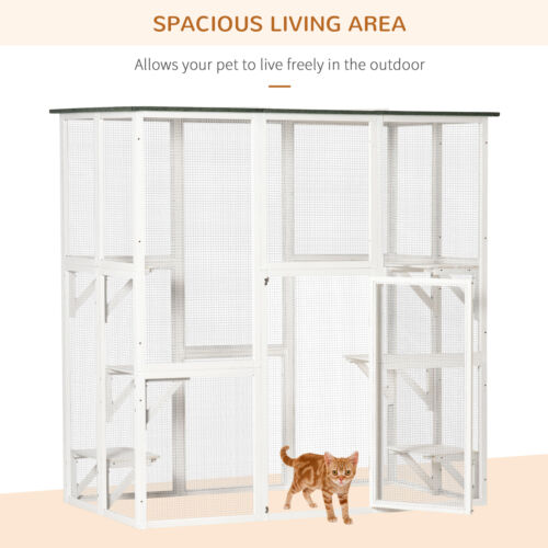 Outdoor Cat House with Weather Protection, Multiple High Ledges, 71&quot; L, White 196393161395