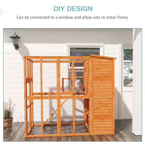 Wooden Cat Home Enclosure Pet House Shelter Cage Outdoor Play Area Run, Natural 712190176617