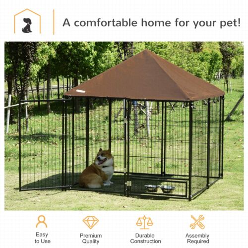 Outdoor Dog House Kennel with Canopy Top &amp; Secure Lock Rotating Bowl Holder 196393260210