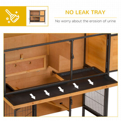 Bunny Cage w/ Slide-Out Tray Run Area Lockable Doors for Small Animals, Fir Wood