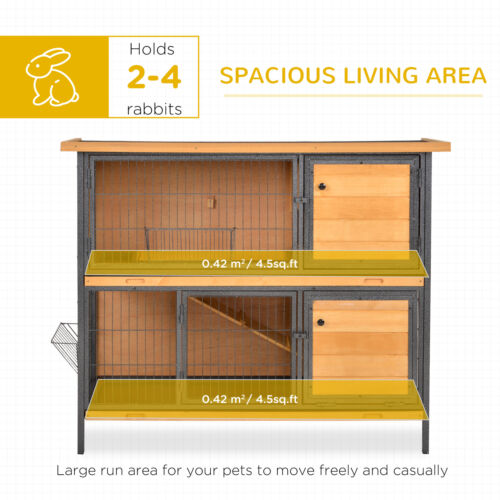 Bunny Cage w/ Slide-Out Tray Run Area Lockable Doors for Small Animals, Fir Wood