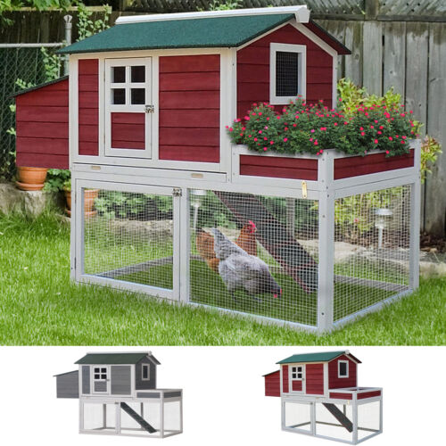 63&apos;&apos;Wooden Chicken Coop Hen Hutch Poultry House Nesting Cage Planting Box