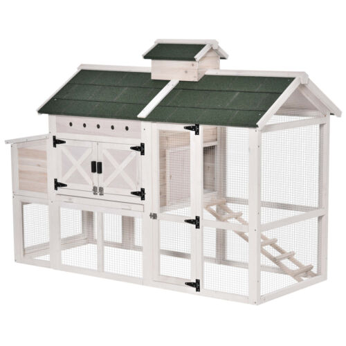 71&quot; Wooden Elevated Chicken Coop with Removable Tray and Nesting Box, White 842525153072