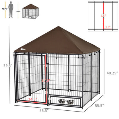 Outdoor Dog House Kennel with Canopy Top &amp; Secure Lock Rotating Bowl Holder 196393260210