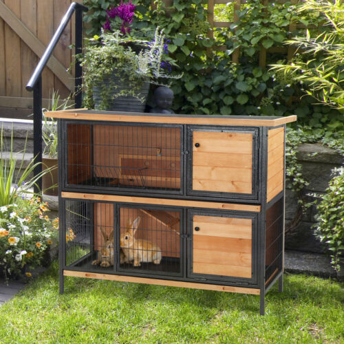 Bunny Cage w/ Slide-Out Tray Run Area Lockable Doors for Small Animals, Fir Wood