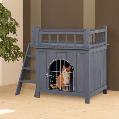 PawHut 2-Story Indoor/Outdoor Wood Cat Dog House Shelter 842525146685