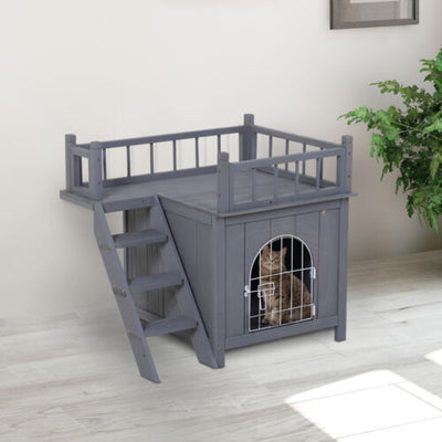 PawHut 2-Story Indoor/Outdoor Wood Cat Dog House Shelter 842525146685