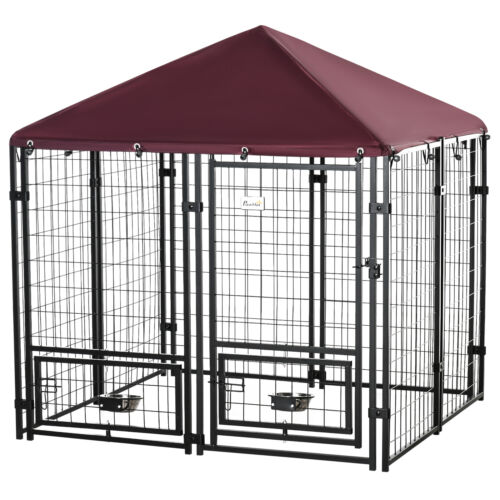 Dog House Kennel Outdoor, w/ Oxford Roof, w/ Secure Lock, Rotating Bowl Holders