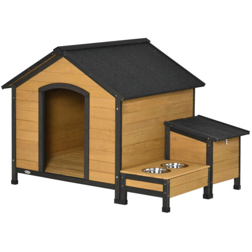 Wooden Outdoor Cabin-Style Dog House Kennel w/ Feeder Bowls, Medium Dogs 66 Lbs. 196393165720