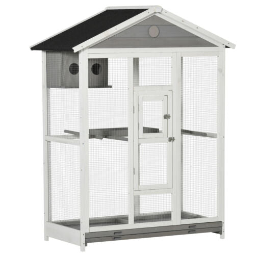 64.5&quot; Wooden Outdoor Bird Flight Aviary Cage Play House Finch Parrot Canary Grey 196393161333