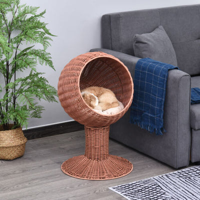 27&quot; Rattan Wicker Elevated Pet Bed Cat Cave Condo Hooded Cushion Scratch House