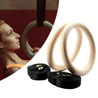 Wooden Gymnastic Rings With Adjustable Long Non-Slip Straps For Workout 28MM