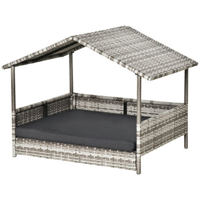 Elevated Wicker Dog House, Raised Rattan Pet Bed Cabana w/ Cushion, Canopy, Grey 196393070789