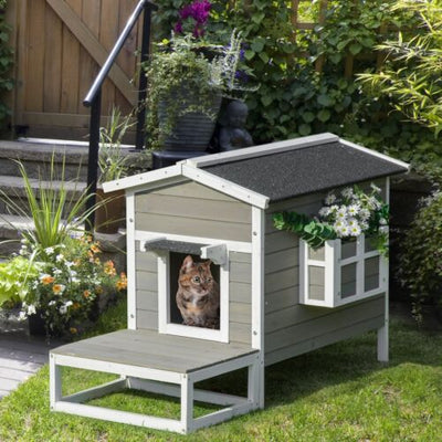 Wood Luxury Raised Outdoor Indoor Dog Cage Cat House with Balcony Grey 842525131209