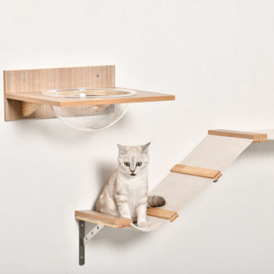 Cat Tree 4pc Pet Mounted Shelf Set, Feed Bowl, Climbing Hammock, Shelves, Beige 196393066652