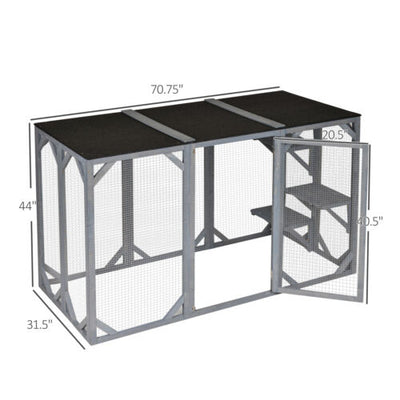 Cat Cage Wooden Pet Enclosure with Waterproof Roof, Platforms, Lock, Grey