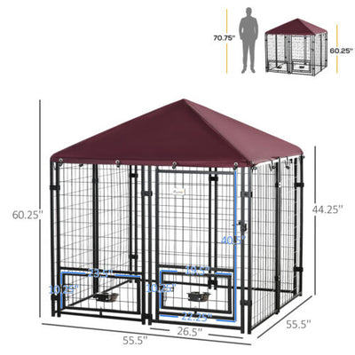 Dog House Kennel Outdoor, w/ Oxford Roof, w/ Secure Lock, Rotating Bowl Holders