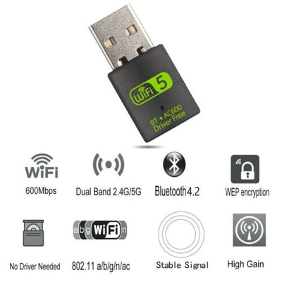 Bluetooth 4.2 USB Wireless WiFi Adapter Network Dongle 600Mbps Windows 2.4G/5G