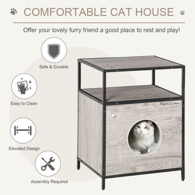 Wooden Cat House Kitty Shelter Bed with Washable Cushion and Shelf, Grey