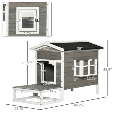 Wood Luxury Raised Outdoor Indoor Dog Cage Cat House with Balcony Grey 842525131209