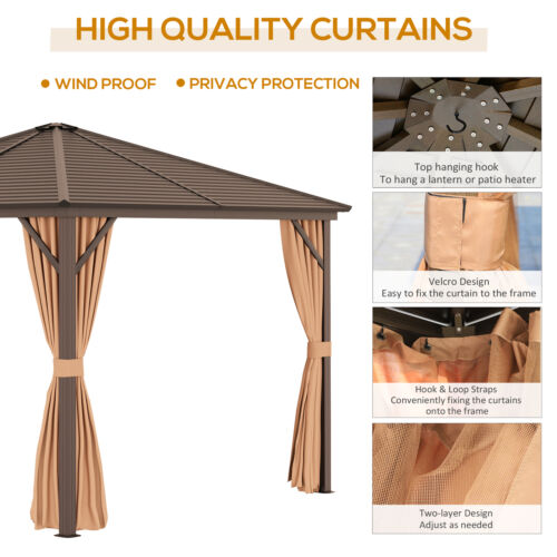 10&apos; x 10&apos; Steel Hardtop Gazebo with Nettings and Curtains Hook Aluminum Frame