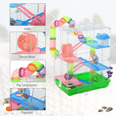 5 Tiers Hamster Cage Portable Animal Travel Carrier w/ Exercise Wheels Tube