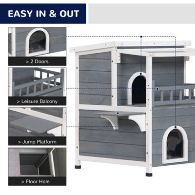 2-Story Cat House, Balcony, Large Ventilated Living Pet Hutch for Rabbits, Dogs 842525149563