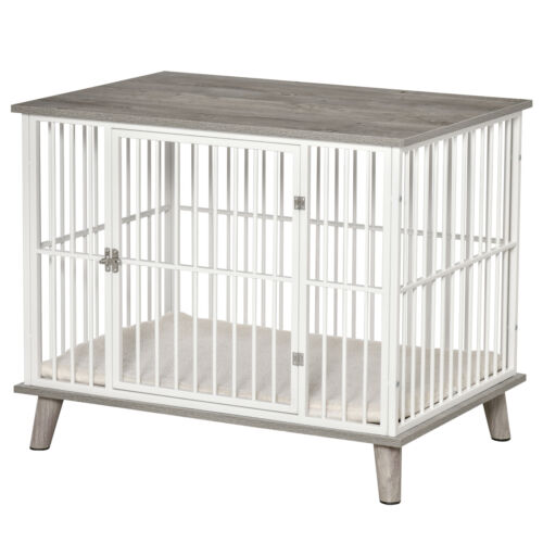 Wooden Dog Crate with Surface, Stylish Pet Kennel, Magnetic Doors, Grey 196393066478