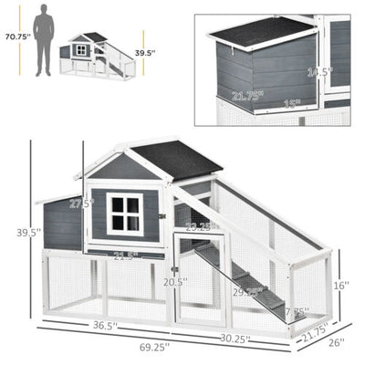 PawHut 69&quot; Chicken Coop, Includes Connecting Ramp and an Easy-Clean Tray White 842525149600