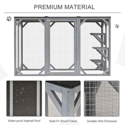 Cat Cage Wooden Pet Enclosure with Waterproof Roof, Platforms, Lock, Grey