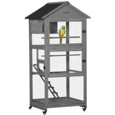 Bird Cage Mobile Wooden Aviary House with Wheel Perch Nest Ladder Tray