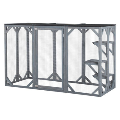 Cat Cage Wooden Pet Enclosure with Waterproof Roof, Platforms, Lock, Grey 842525170734