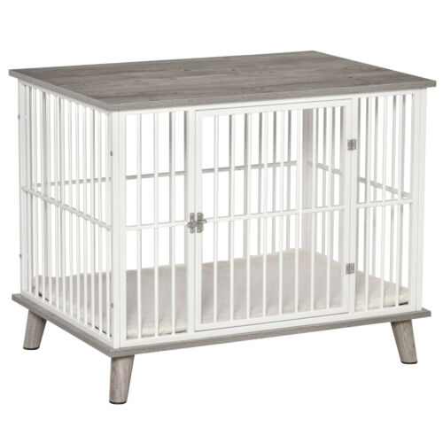 Wooden Dog Crate with Surface, Stylish Pet Kennel, Magnetic Doors, Grey 196393066478