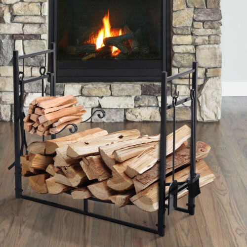 Wood Storage Rack Log Holder with Kindling Holder and 4 Tools Indoor Outdoor